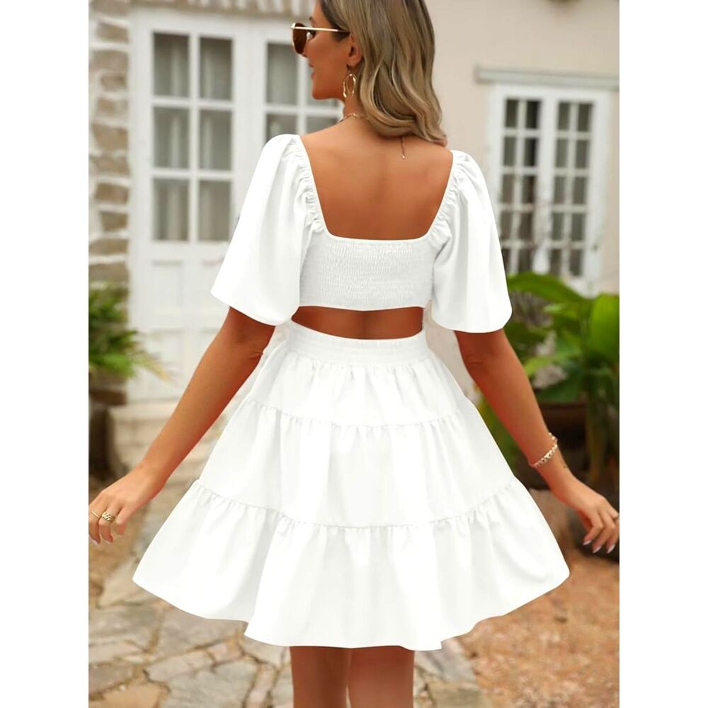 White Cutout Ruffle Mini Sundress S Rayon Smock Tier Flutter Boho Resort Bridal - Picture 2 of 11